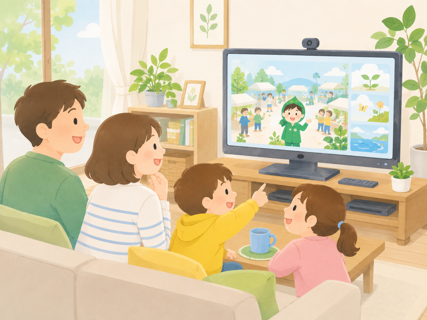 家族でタブレットを見ながらオンライン企画を楽しむ様子